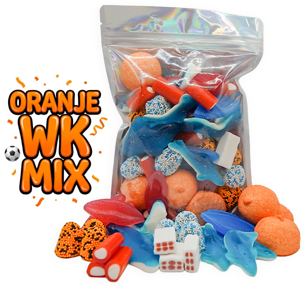 Candywrap Sweet Oranje WK Mix snoepzak met zachte, chewy en zoete snoepjes in oranje voetbalthema