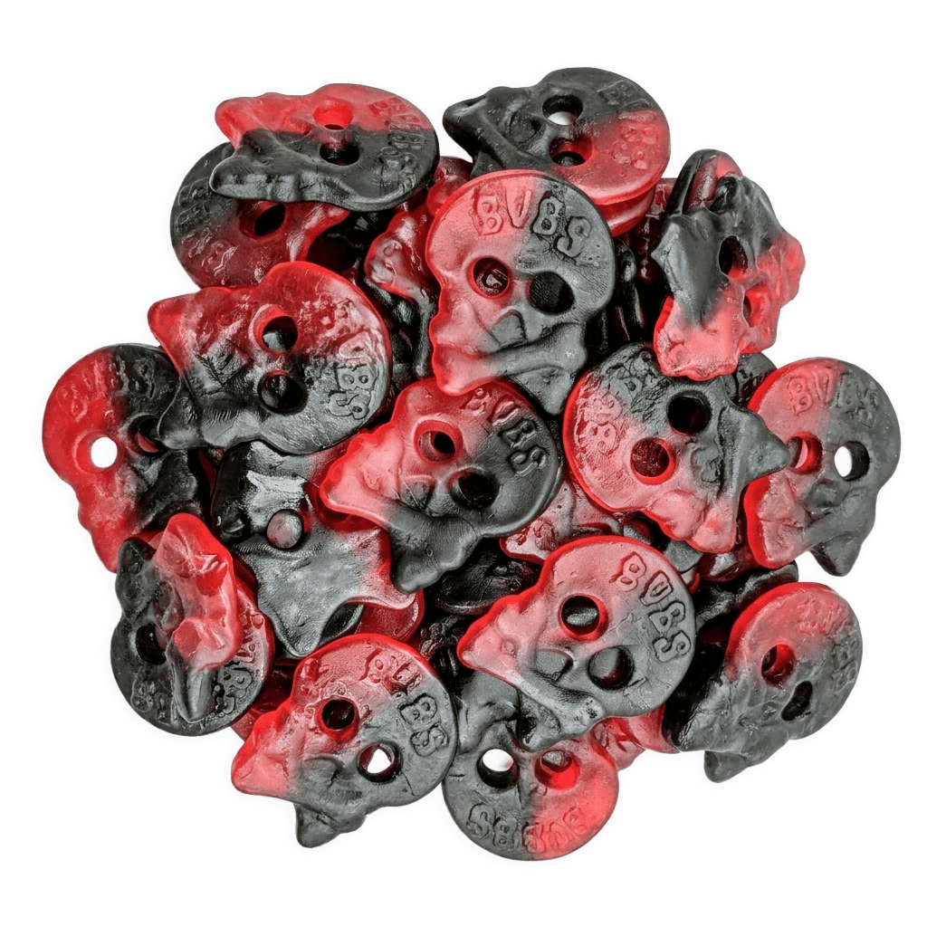 BUBS Raspberry Liquorice Skulls 4kg voordeelzak met vegan framboos en drop schedels
