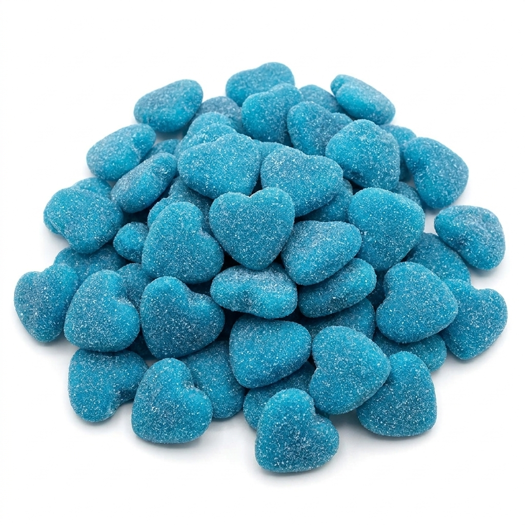 Vidal Filled Raspberry Shiny Hearts, kleine blauwe gezuurde hartjes met framboos vulling