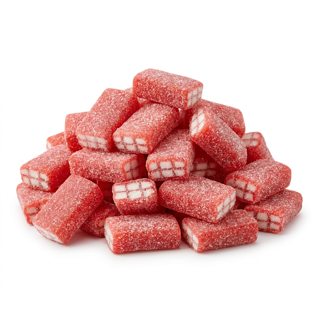 Vidal Sour Strawberry Bricks, rode gezuurde blokjes met witte roomvulling, zak van 1 kilo