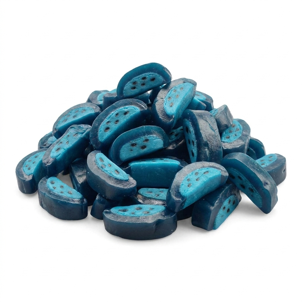 Vidal Blue Raspberry Slices, diepblauwe pelbare snoepschijfjes in een zak van 1 kilo
