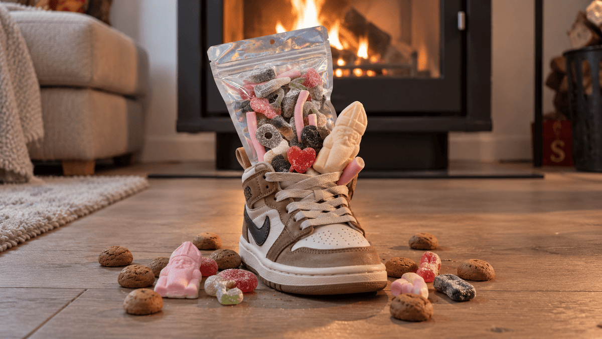 Schoencadeautjes voor Sinterklaas: zakje snoep in een kinderschoen, met pepernoten en schuimsnoep bij de open haard