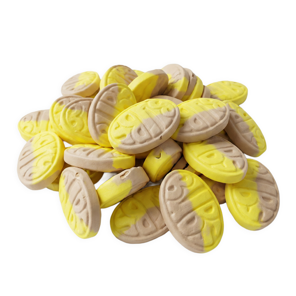 Bananen snoep van BUBS, voordeelzak met zachte vegan schuim banaan ovals