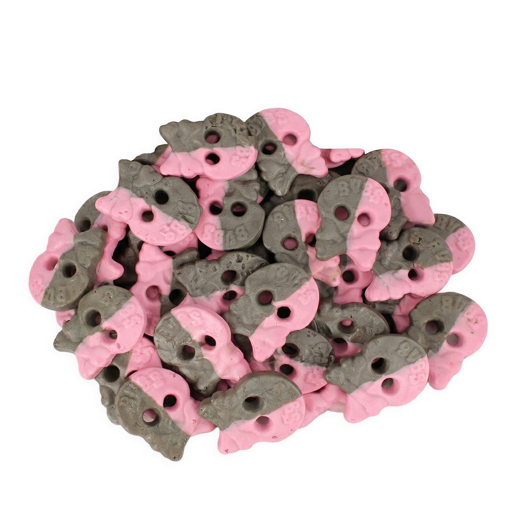 Framboos snoep van BUBS, Foam Raspberry Liquorice Skulls voordeelzak met vegan schuim drop schedels