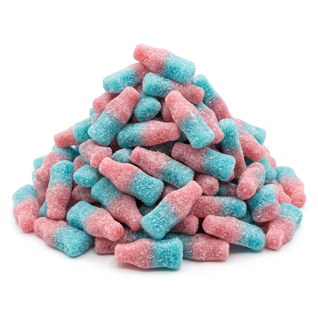 Frisia Zure Bubblegum Flesjes, blauwe en roze snoepflesjes van 8 gram met zure suikerlaag