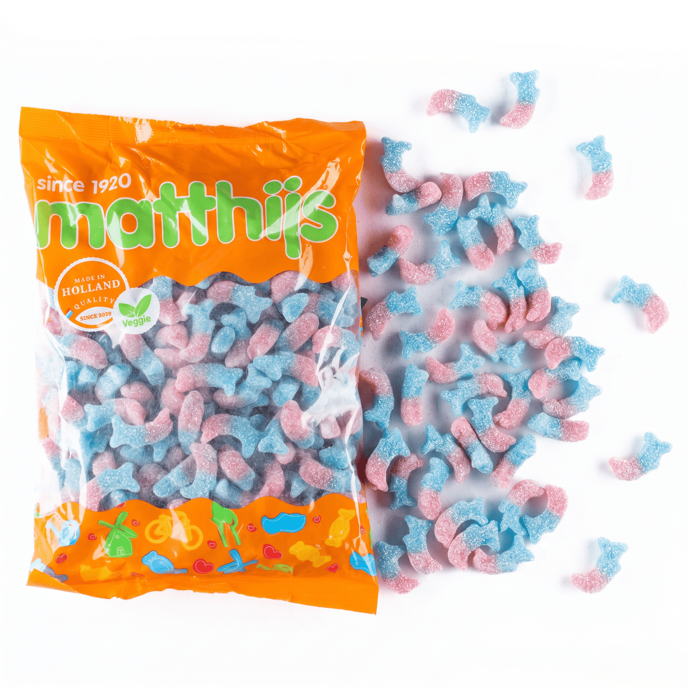 Bubblegum dolfijntjes Matthijs verpakking 1 kilo vegetarisch schepsnoep blauwe kauwgom snoep
